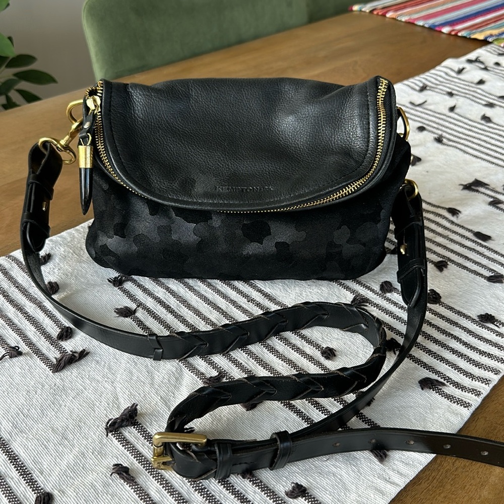Kempton & Co Black Camo Mini Windbourne Leather Crossbody Handbag braided strap